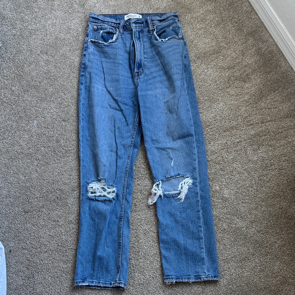 Abercrombie Ankle Straight Ultra High Rise Blue Distressed Jeans